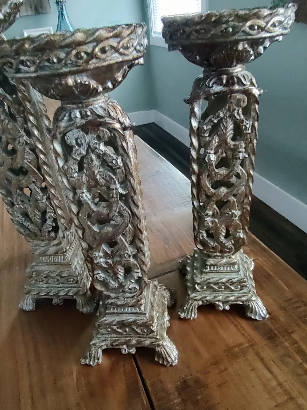 Ornate Gold Color Pedestal Candle Holders - Set of 3